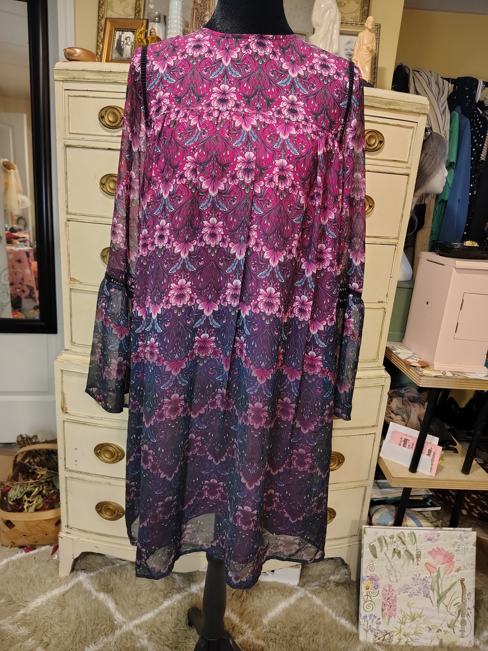 Nanette Lepore Moody Romance Sheer Lined Floral Dress in Magenta and Plum